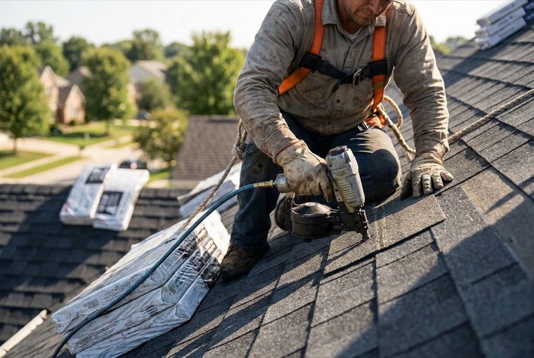 Roofer repairing shingles