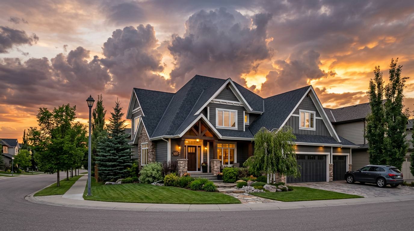 Steep-slope shingle home under a dramatic Calgary sky