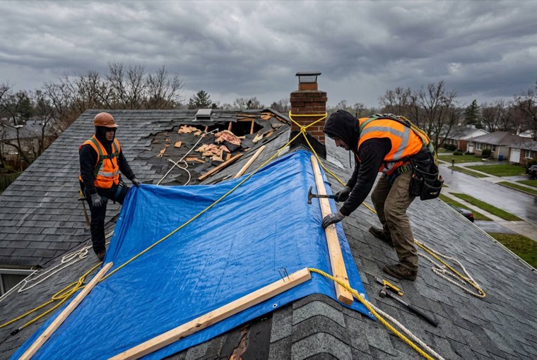 Emergency tarp secured over a storm-damaged roof
